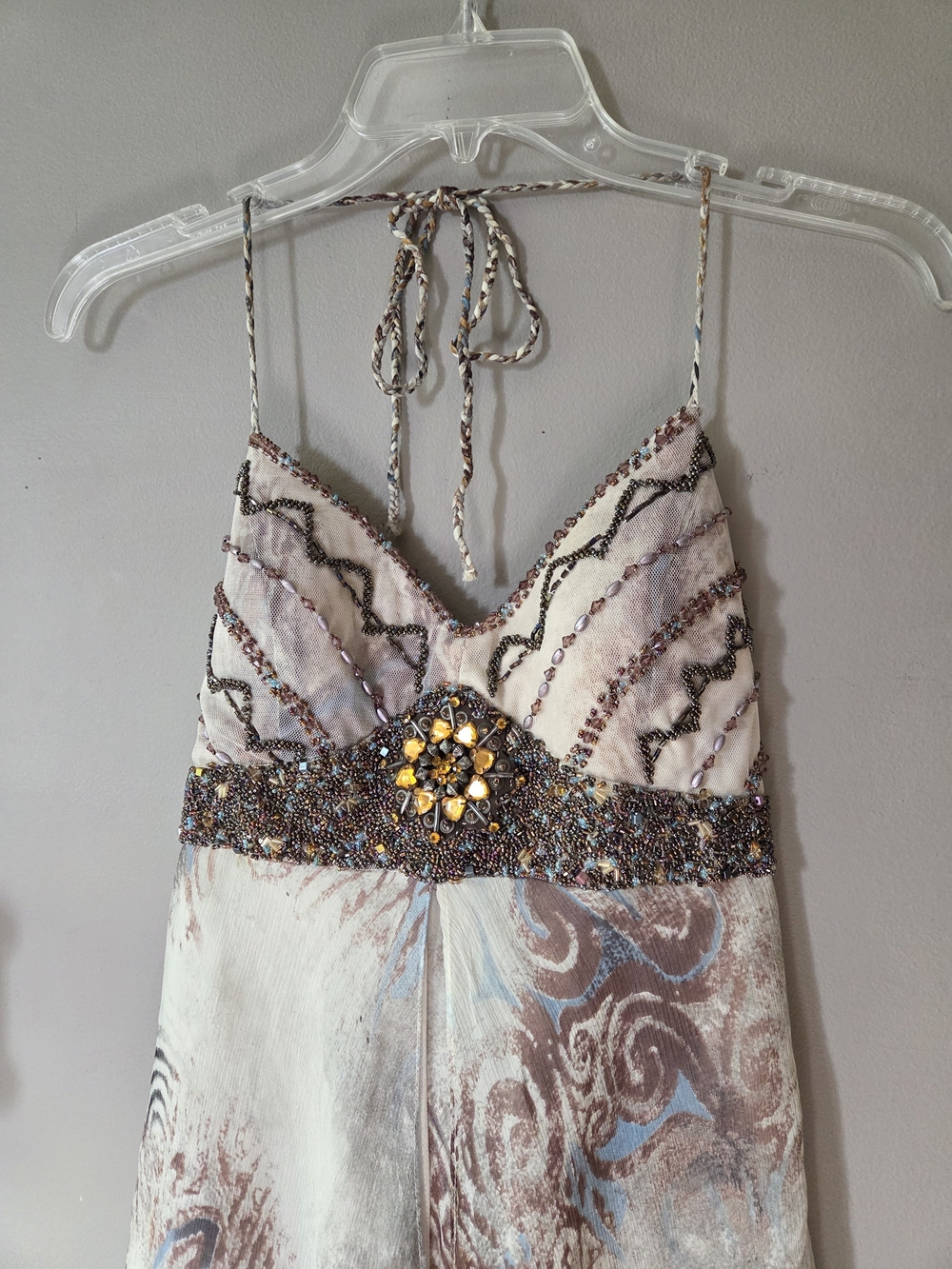 Sue Wong Ivory and Taupe Beaded Halter Midi Dress